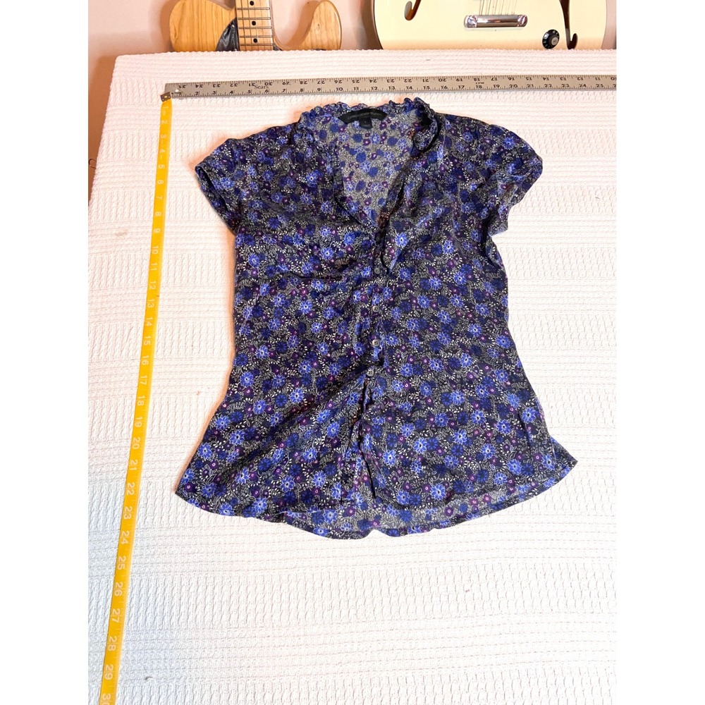 Express Design Studio Blue Purple Floral Ruffle V-Neck Cap Sleeve Y2K Blouse